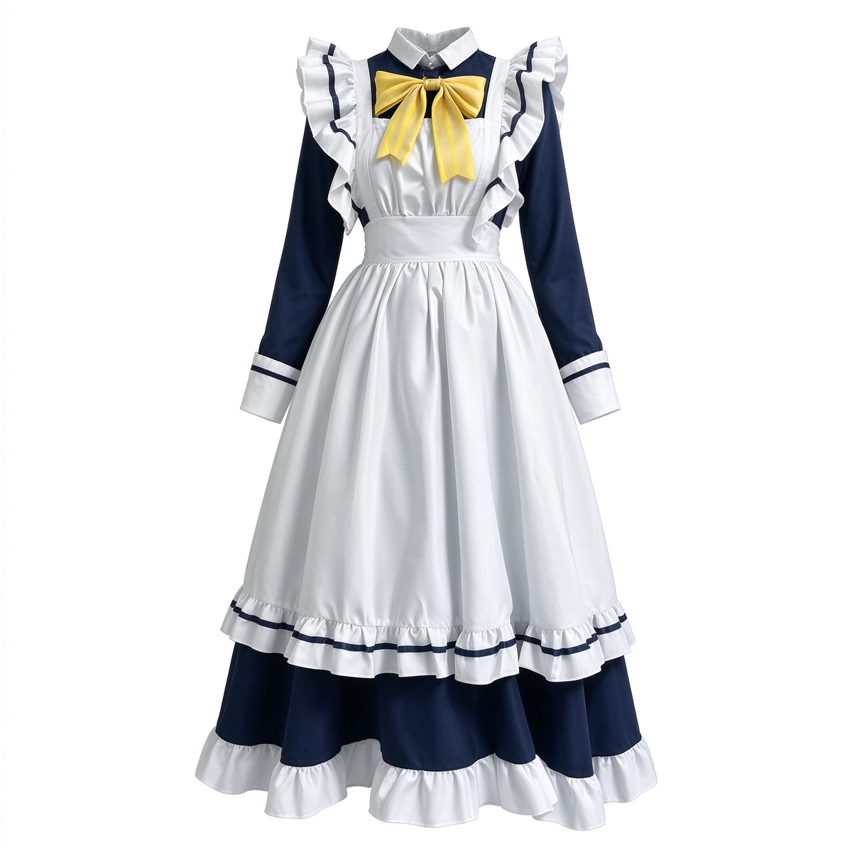 Classic Long Maid Lolita Dress Set with Yellow Ribbon Bow and Stripe Trimmed Apron