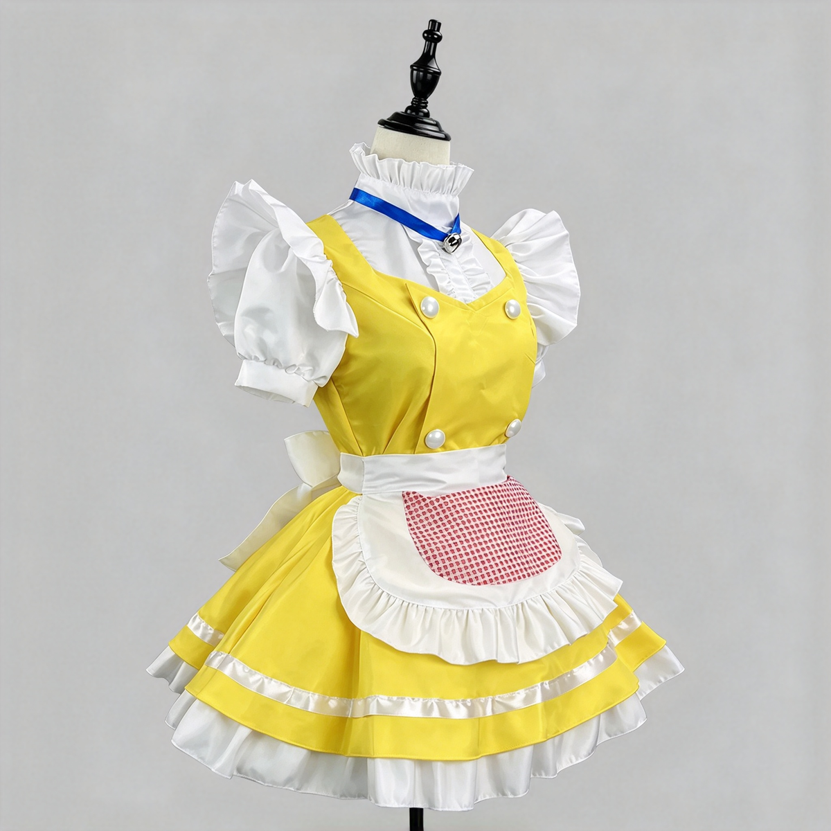 Sweet Maid Lolita Short Sleeve OP Dress Set with Pearl Button Vest and Gingham Pocket Apron