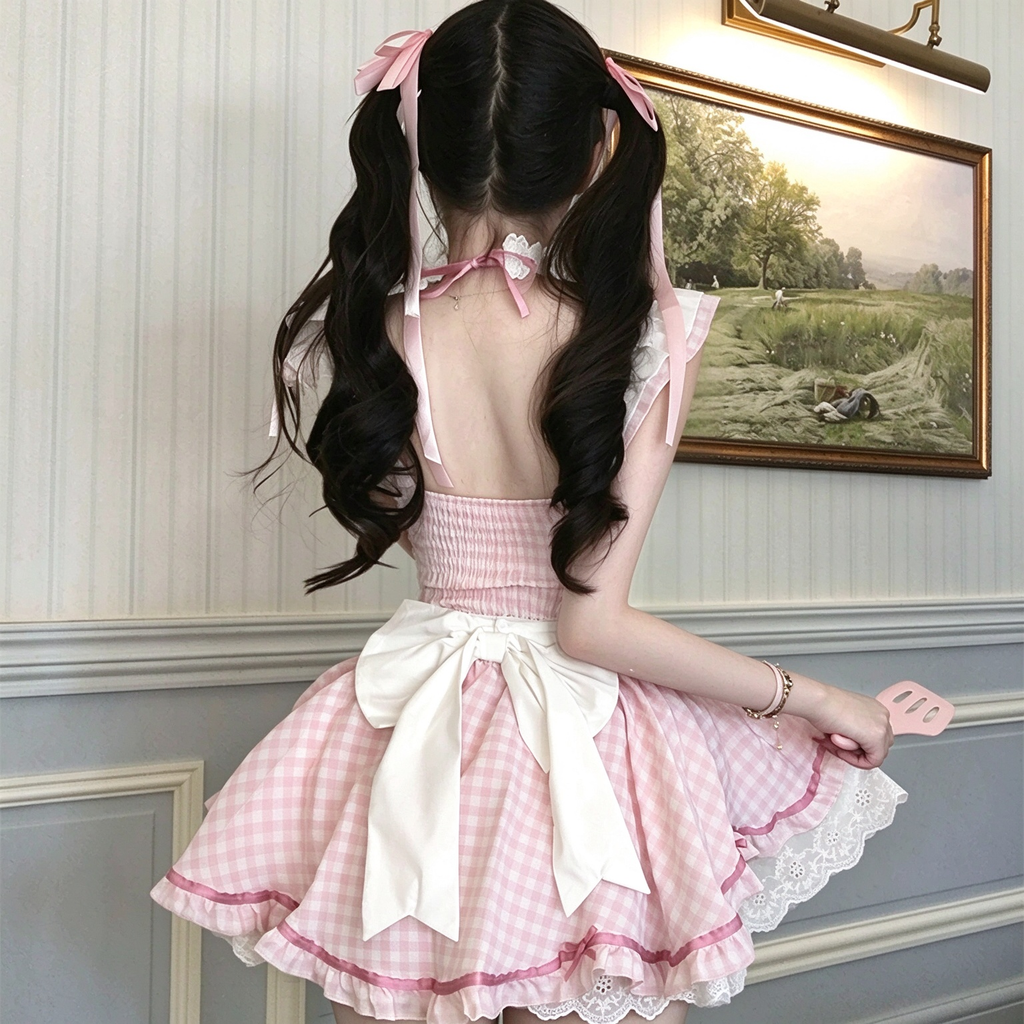 Pink Gingham Ruffled Maid Lolita Dress with Apron Bow Accent