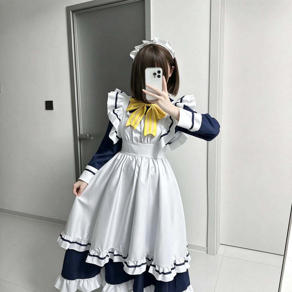 Classic Long Maid Lolita Dress Set with Yellow Ribbon Bow and Stripe Trimmed Apron