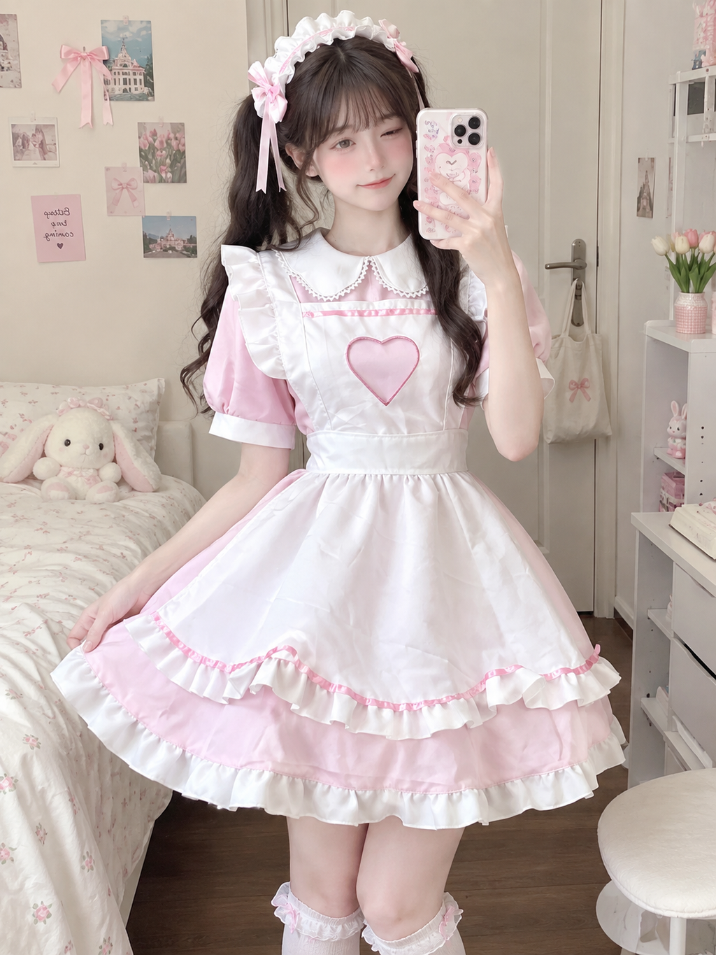 Pink White Sweet Heart Maid Dress Lolita Outfit Cosplay Costume