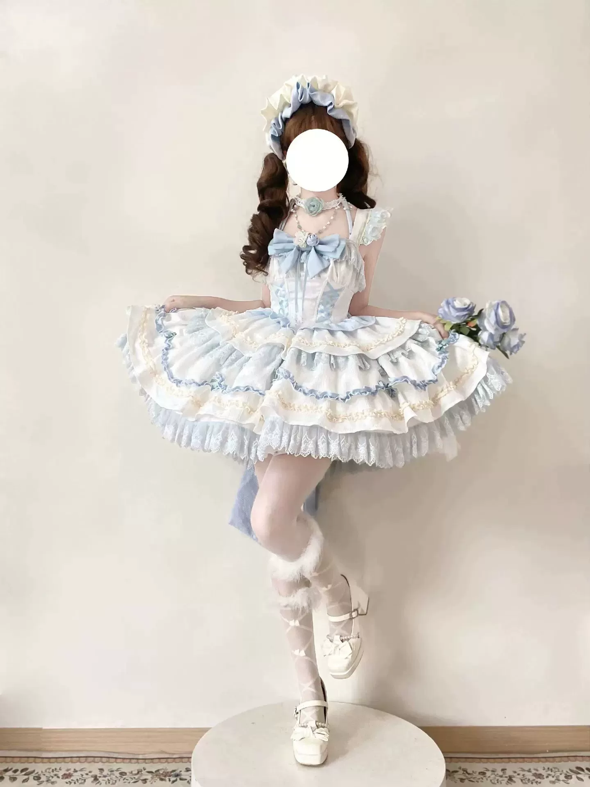 Princess Tea Party Sweet Lolita Dress with Twin Crisscross Laced Bodice and Tiered Skirt