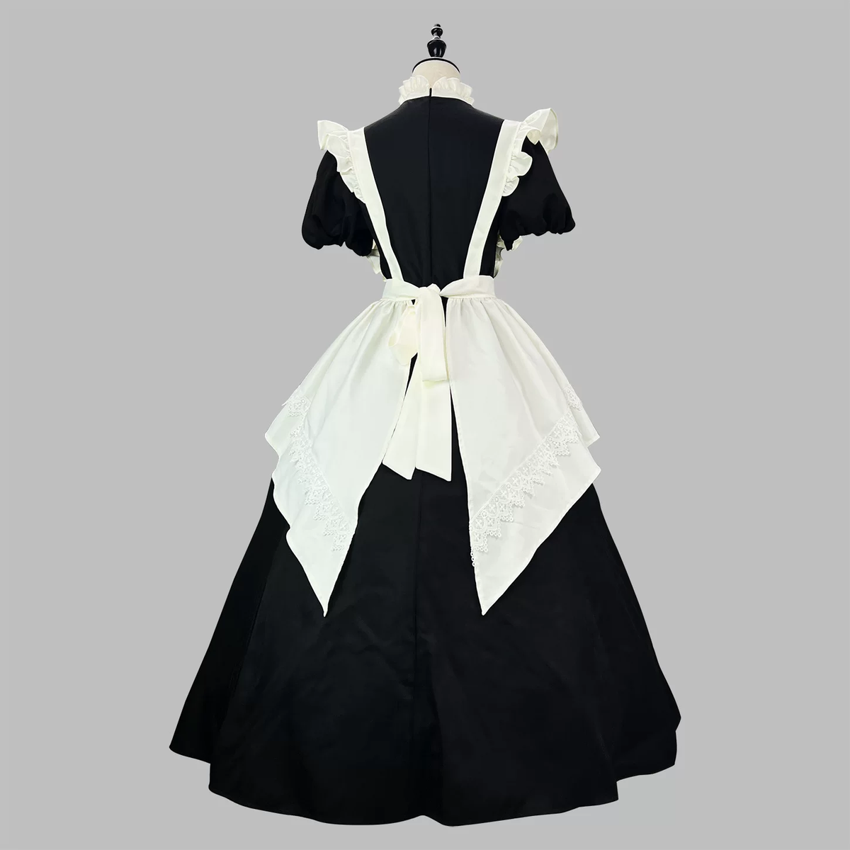 Classic Maid Lolita Short Sleeve Long OP Dress Set with V-Neck Lace Yoke and Pointed Apron