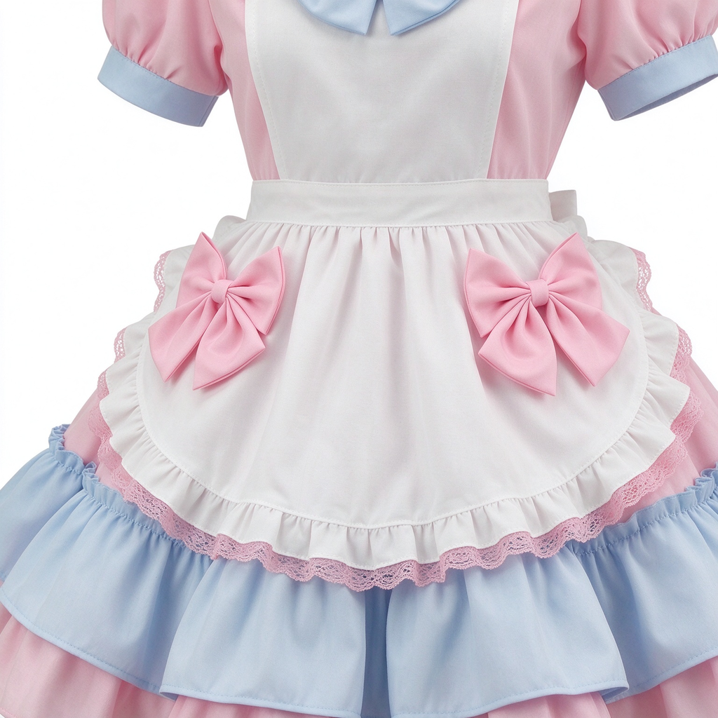 Sweet Maid Lolita Short Sleeve OP Dress Set with Tiered Ruffle Skirt and Apron Bow Accents