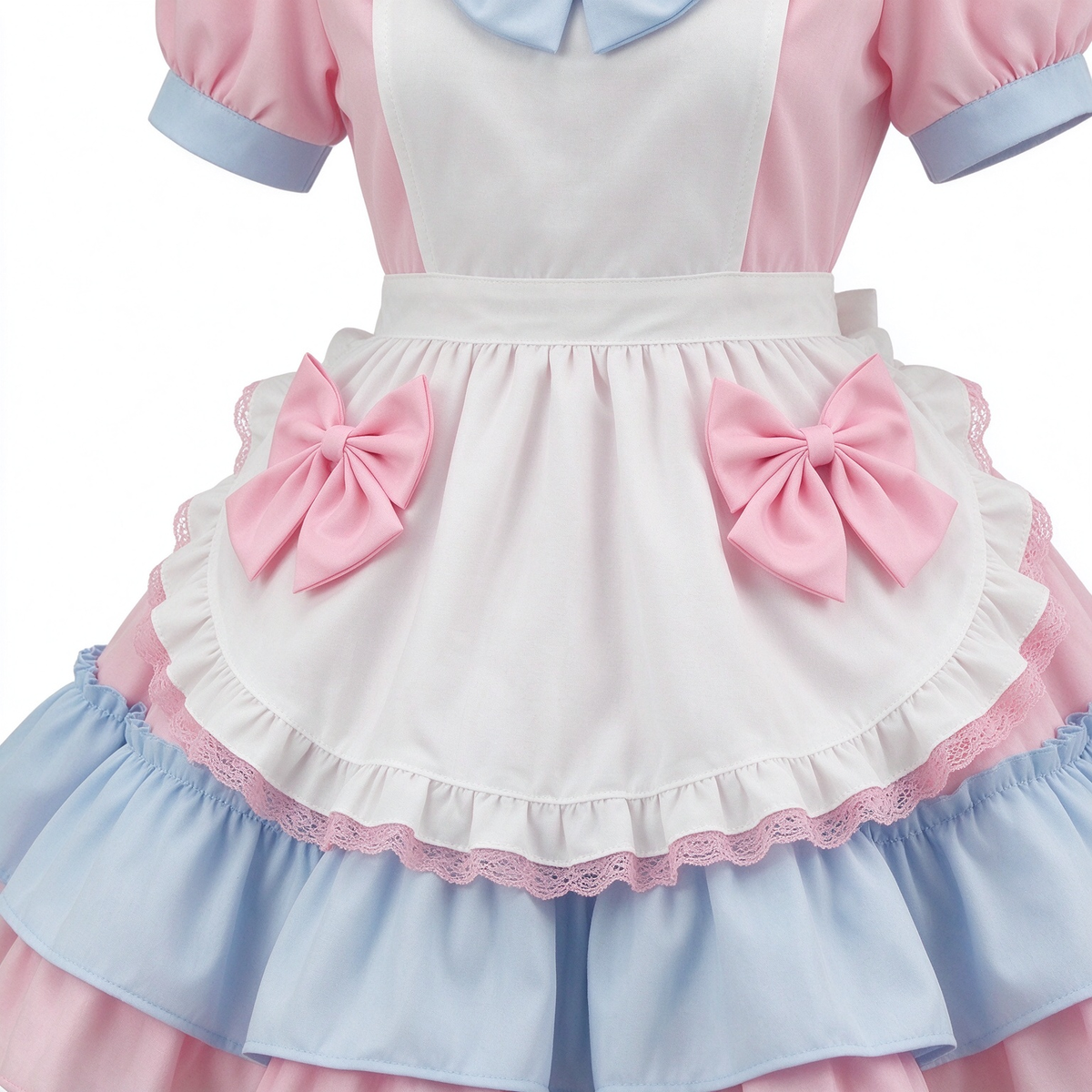Sweet Maid Lolita Short Sleeve OP Dress Set with Tiered Ruffle Skirt and Apron Bow Accents