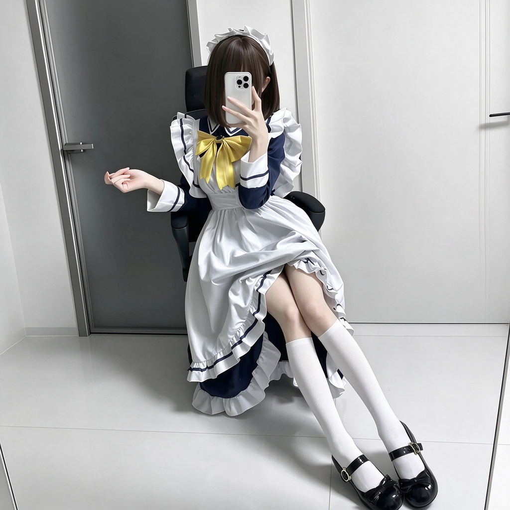 Classic Long Maid Lolita Dress Set with Yellow Ribbon Bow and Stripe Trimmed Apron