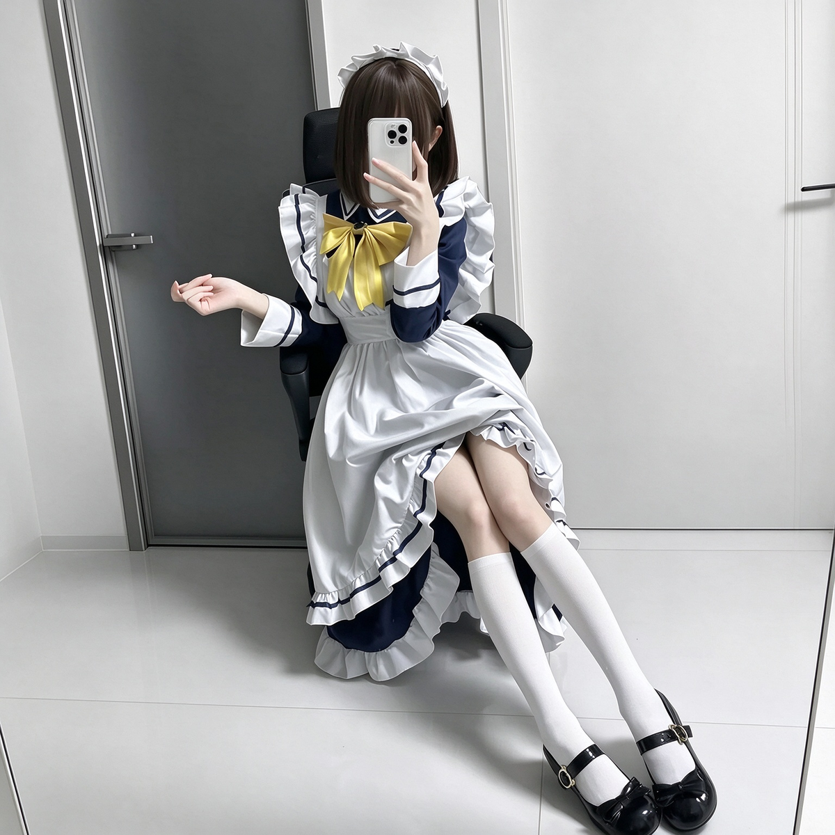 Classic Long Maid Lolita Dress Set with Yellow Ribbon Bow and Stripe Trimmed Apron