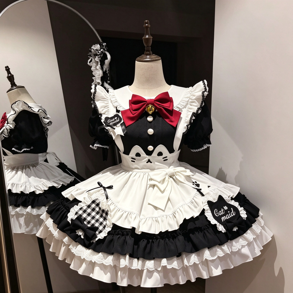 Black and White Cat Apron Ruffled Maid Lolita Dress with Bow Accent