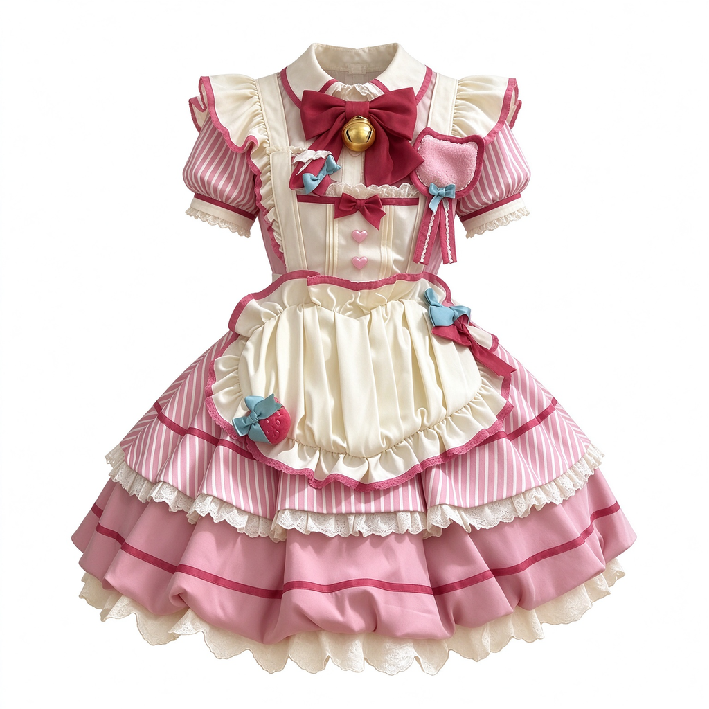 Sweet Maid Lolita Short Sleeve OP Dress Set with Striped Pattern and Strawberry Badge Apron