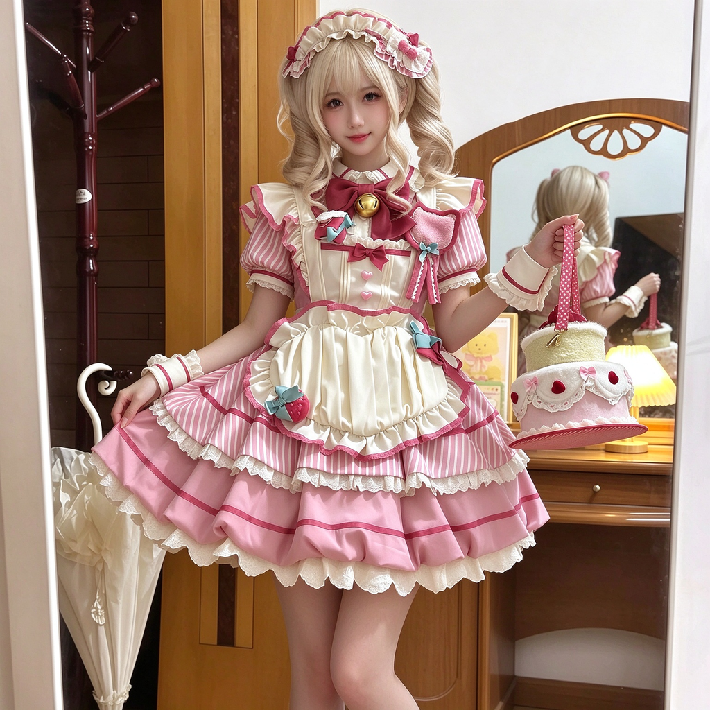 Sweet Maid Lolita Short Sleeve OP Dress Set with Striped Pattern and Strawberry Badge Apron