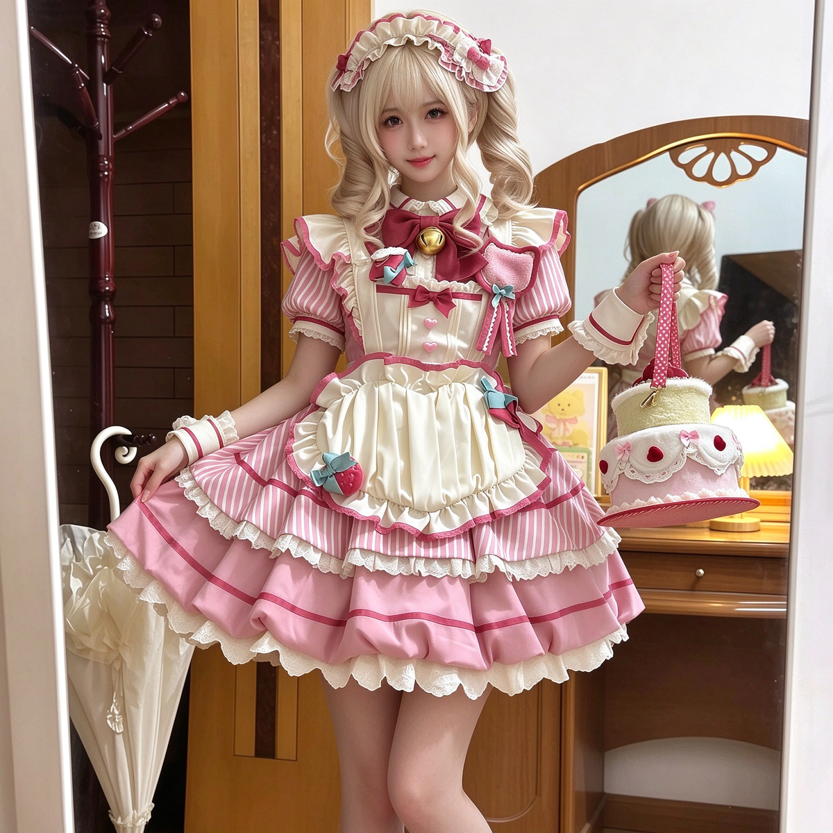 Sweet Maid Lolita Short Sleeve OP Dress Set with Striped Pattern and Strawberry Badge Apron