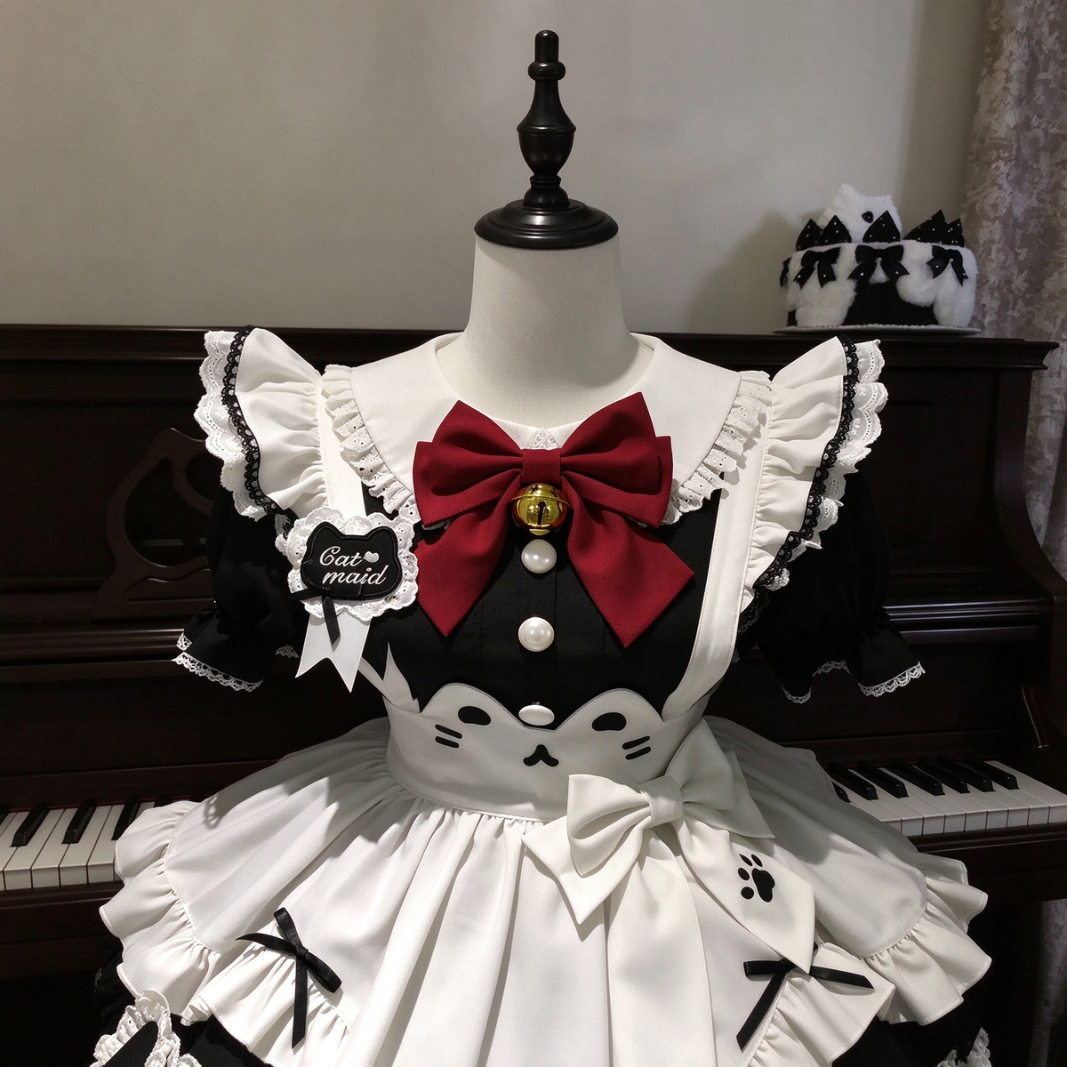 Black and White Cat Apron Ruffled Maid Lolita Dress with Bow Accent