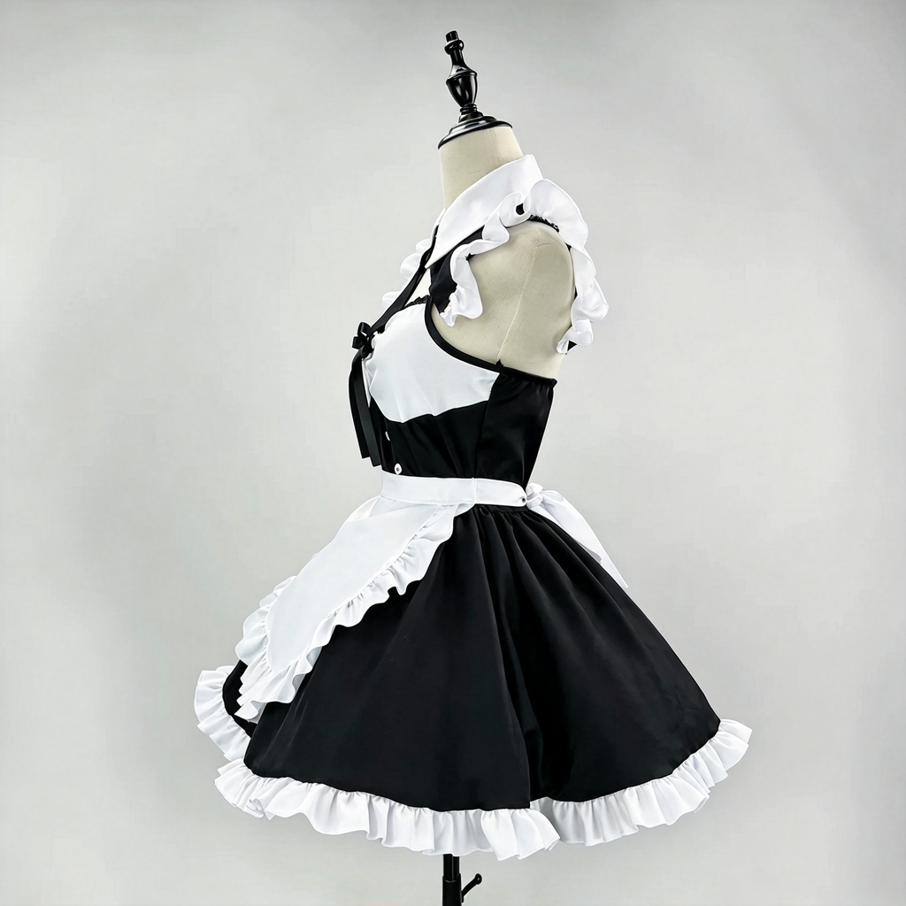 Classic Maid Lolita Sleeveless OP Dress Set with Cutout Yoke and Buttoned Waistband