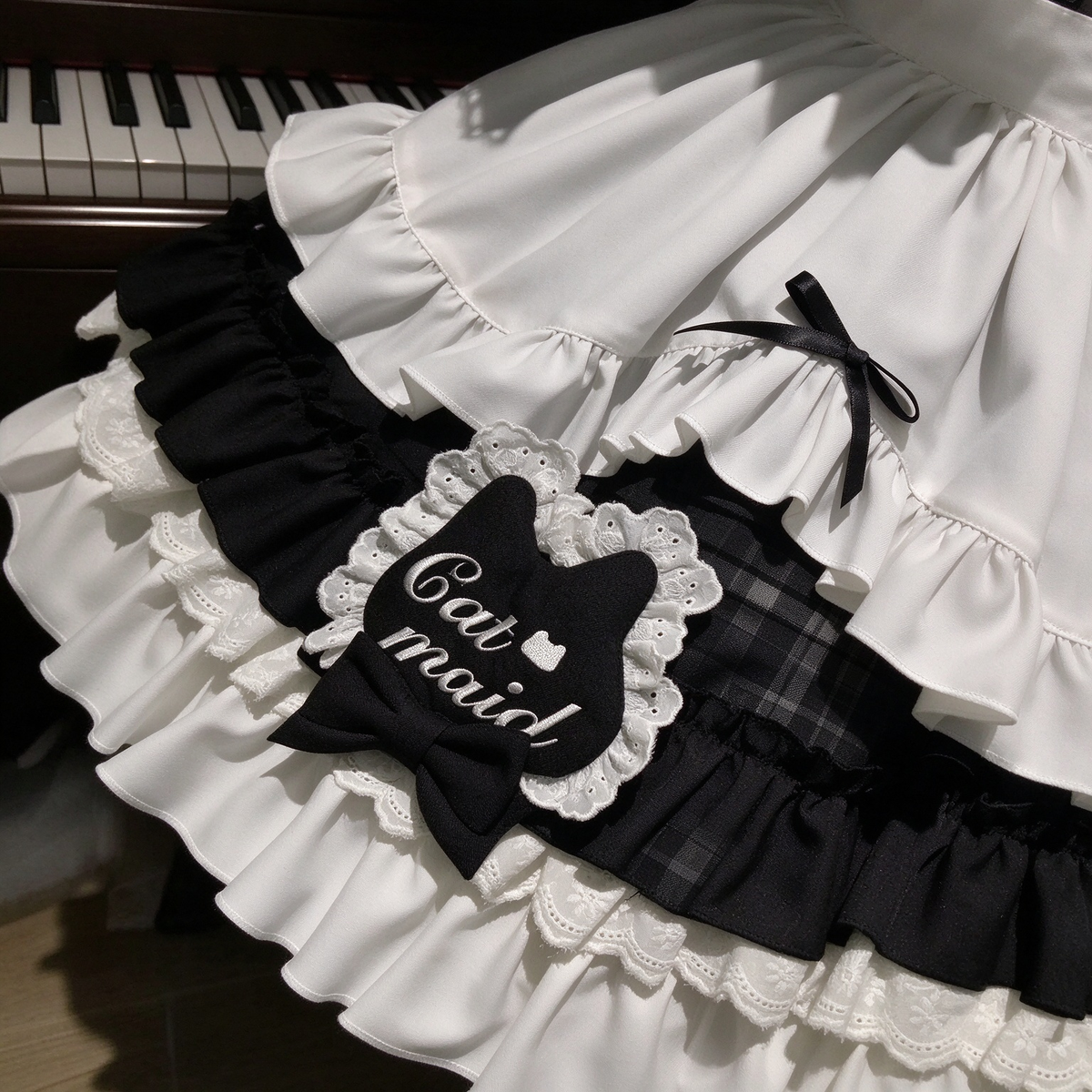 Black and White Cat Apron Ruffled Maid Lolita Dress with Bow Accent