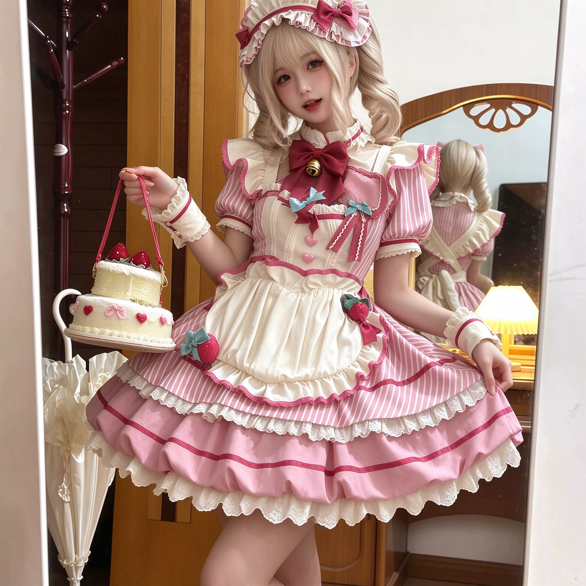 Sweet Maid Lolita Short Sleeve OP Dress Set with Striped Pattern and Strawberry Badge Apron