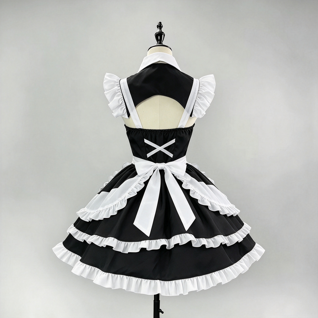 Classic Maid Lolita Sleeveless OP Dress Set with Cutout Yoke and Buttoned Waistband