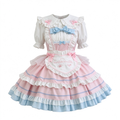 Pink and Blue Ruffled Maid Lolita Dress with Heart Apron Bow Accent