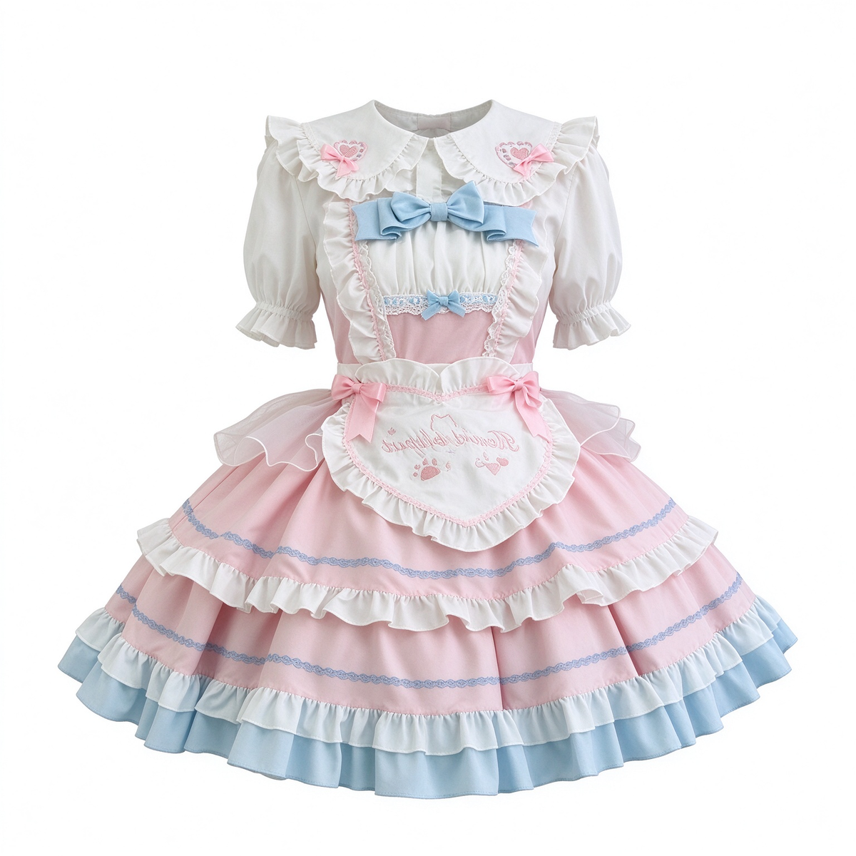 Pink and Blue Ruffled Maid Lolita Dress with Heart Apron Bow Accent