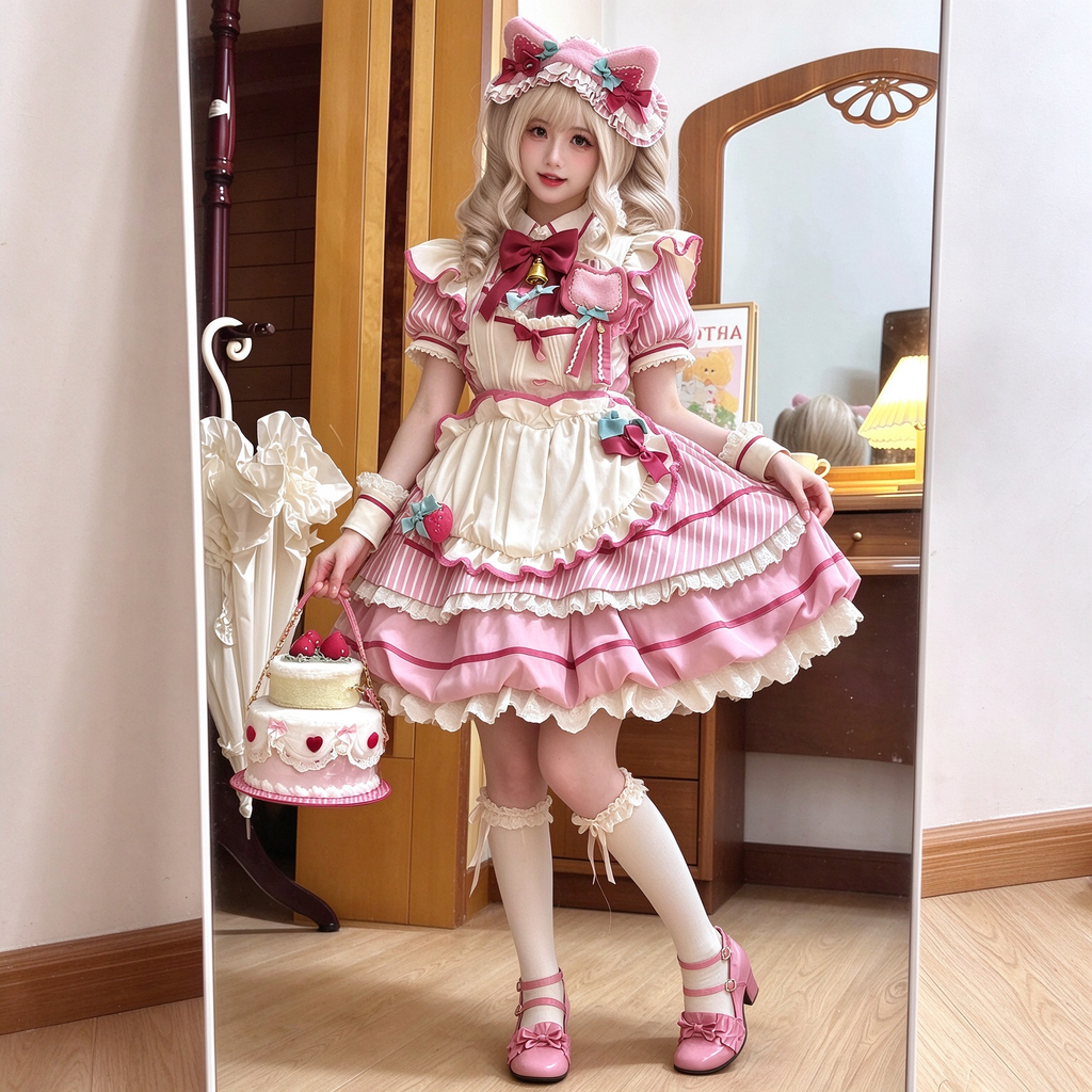 Sweet Maid Lolita Short Sleeve OP Dress Set with Striped Pattern and Strawberry Badge Apron