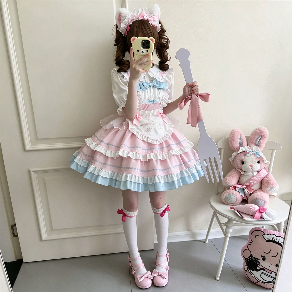 Pink and Blue Ruffled Maid Lolita Dress with Heart Apron Bow Accent