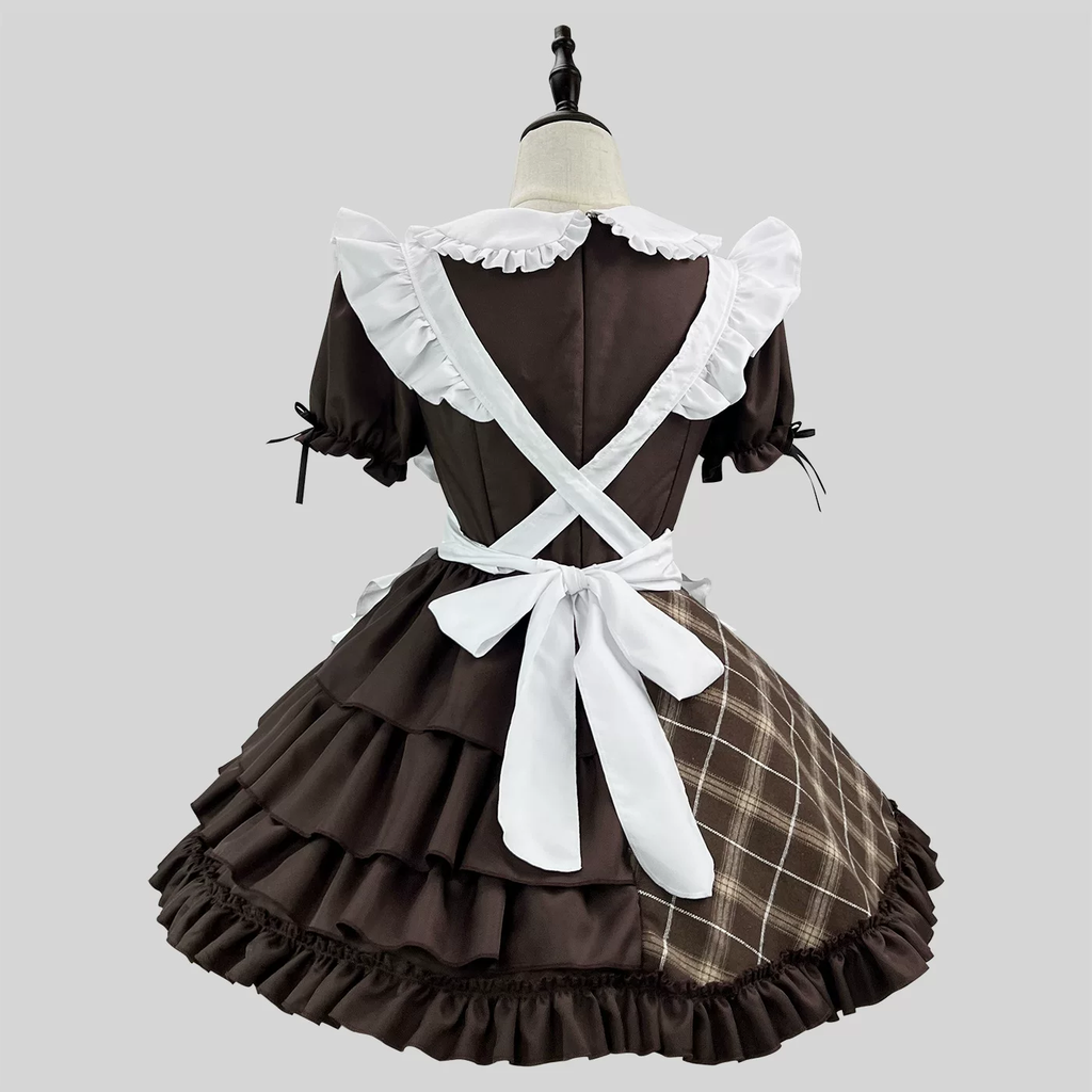 Classic Maid Lolita Short Sleeve OP Dress Set with Plaid Bow Accent and Double-Breasted Apron
