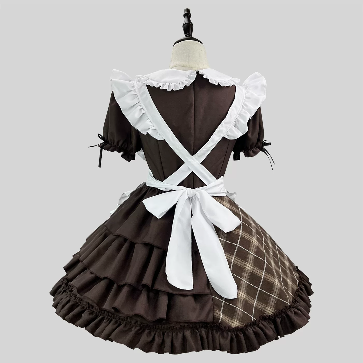 Classic Maid Lolita Short Sleeve OP Dress Set with Plaid Bow Accent and Double-Breasted Apron