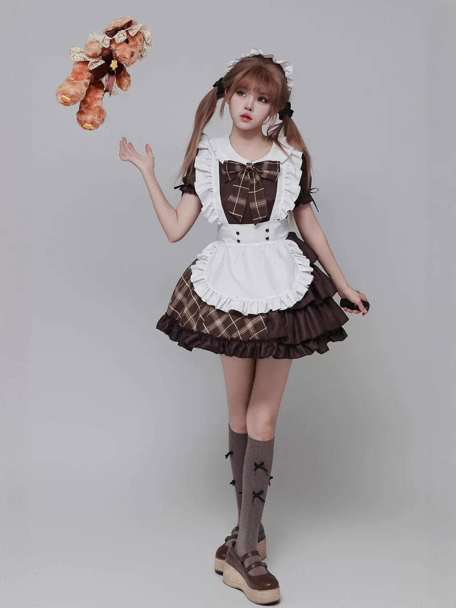 Classic Maid Lolita Short Sleeve OP Dress Set with Plaid Bow Accent and Double-Breasted Apron
