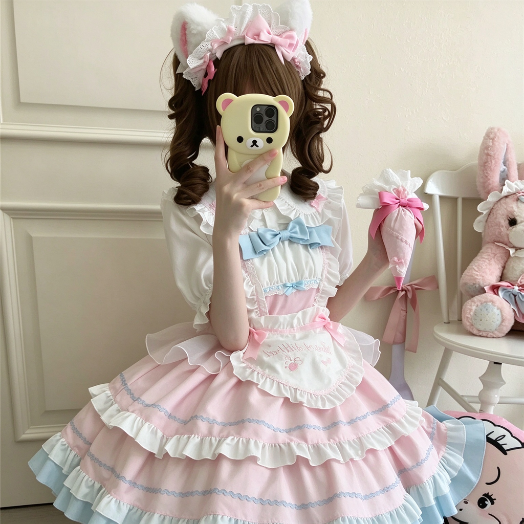 Pink and Blue Ruffled Maid Lolita Dress with Heart Apron Bow Accent