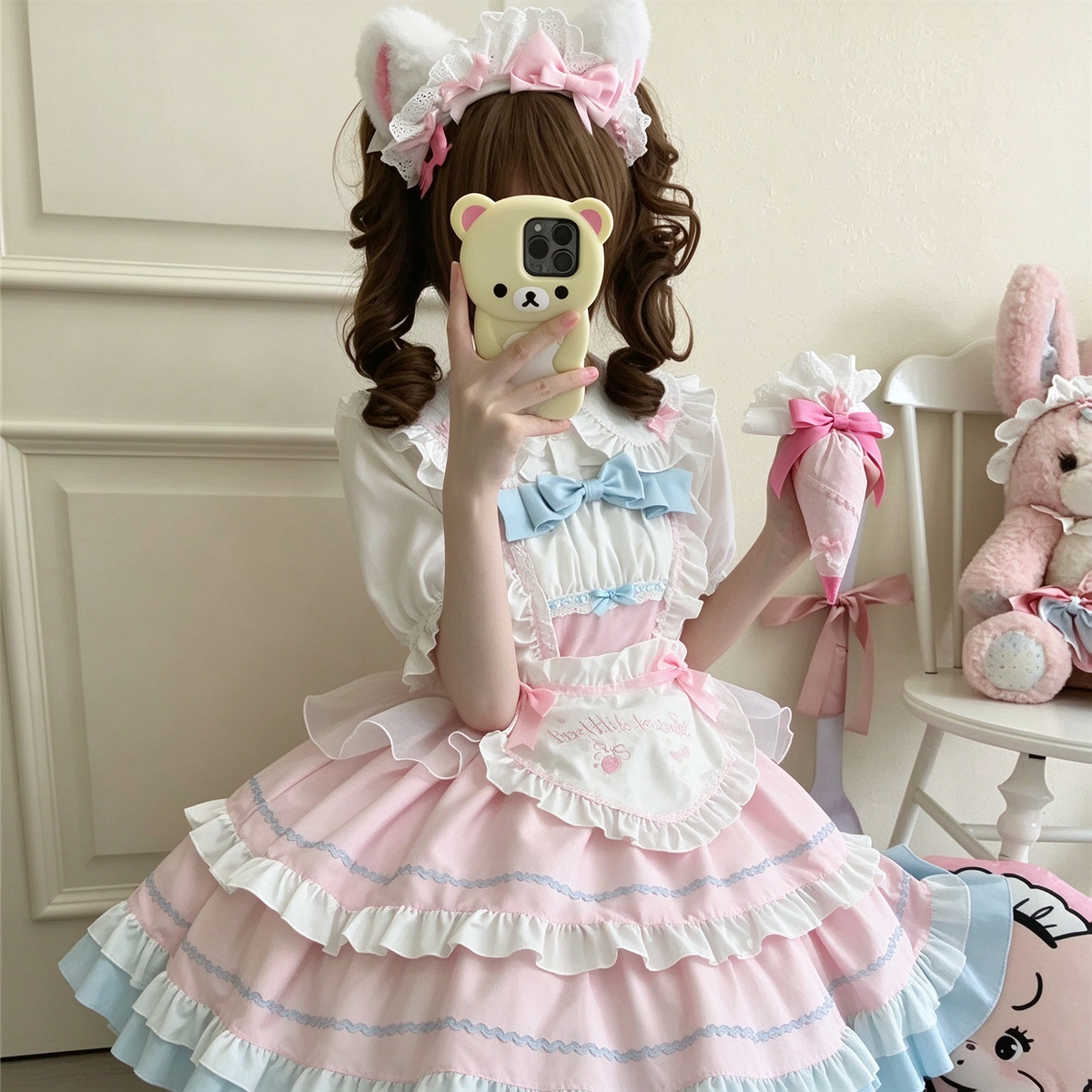 Pink and Blue Ruffled Maid Lolita Dress with Heart Apron Bow Accent