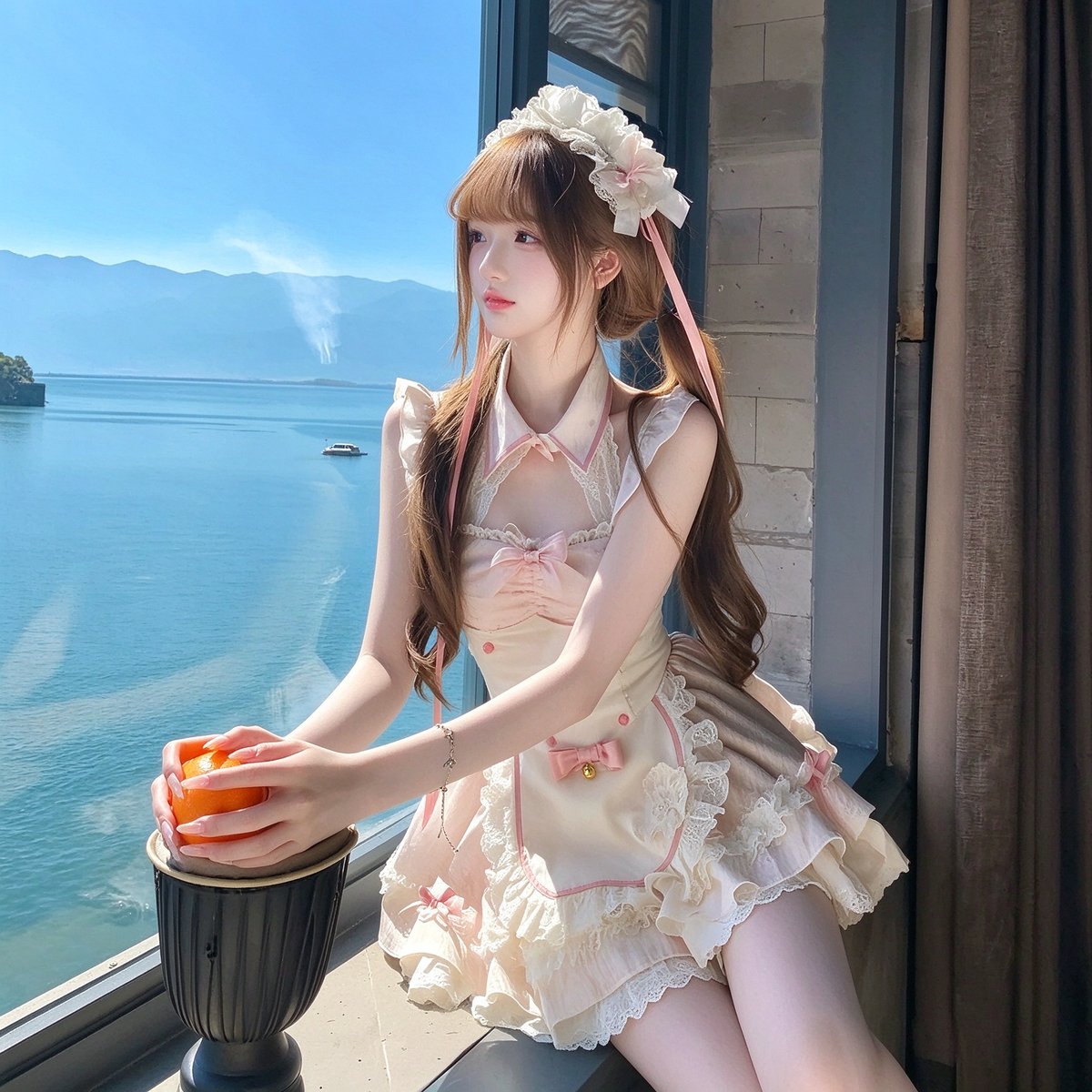 Sweet Maid Lolita Sleeveless Dress Set with Keyhole Collar and Bell Bow Apron