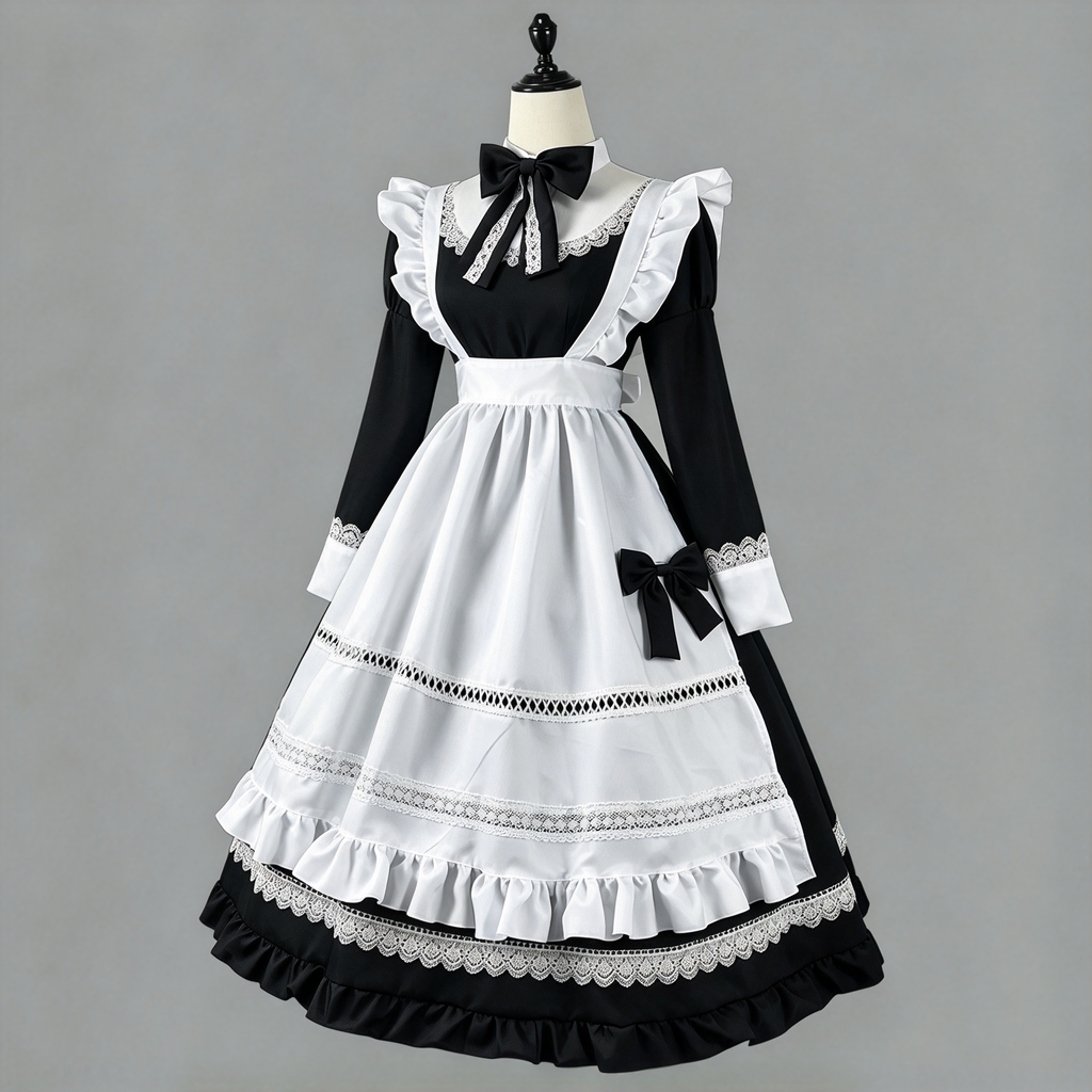 Classic Long Maid Lolita Long Sleeve OP Dress Set with Embroidered Bow and Tiered Lace Apron