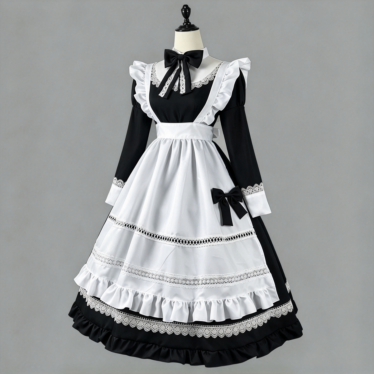 Classic Long Maid Lolita Long Sleeve OP Dress Set with Embroidered Bow and Tiered Lace Apron