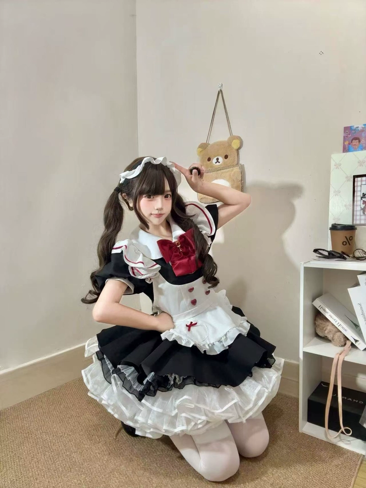 Cute Maid Lolita Dress with Heart Buttons and Bow Charm