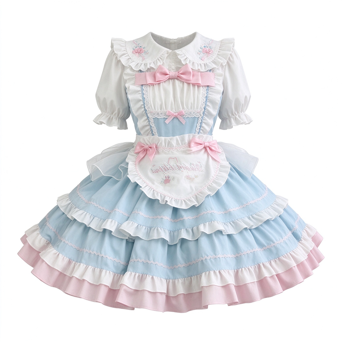 Pink and Blue Ruffled Maid Lolita Dress with Heart Apron Bow Accent