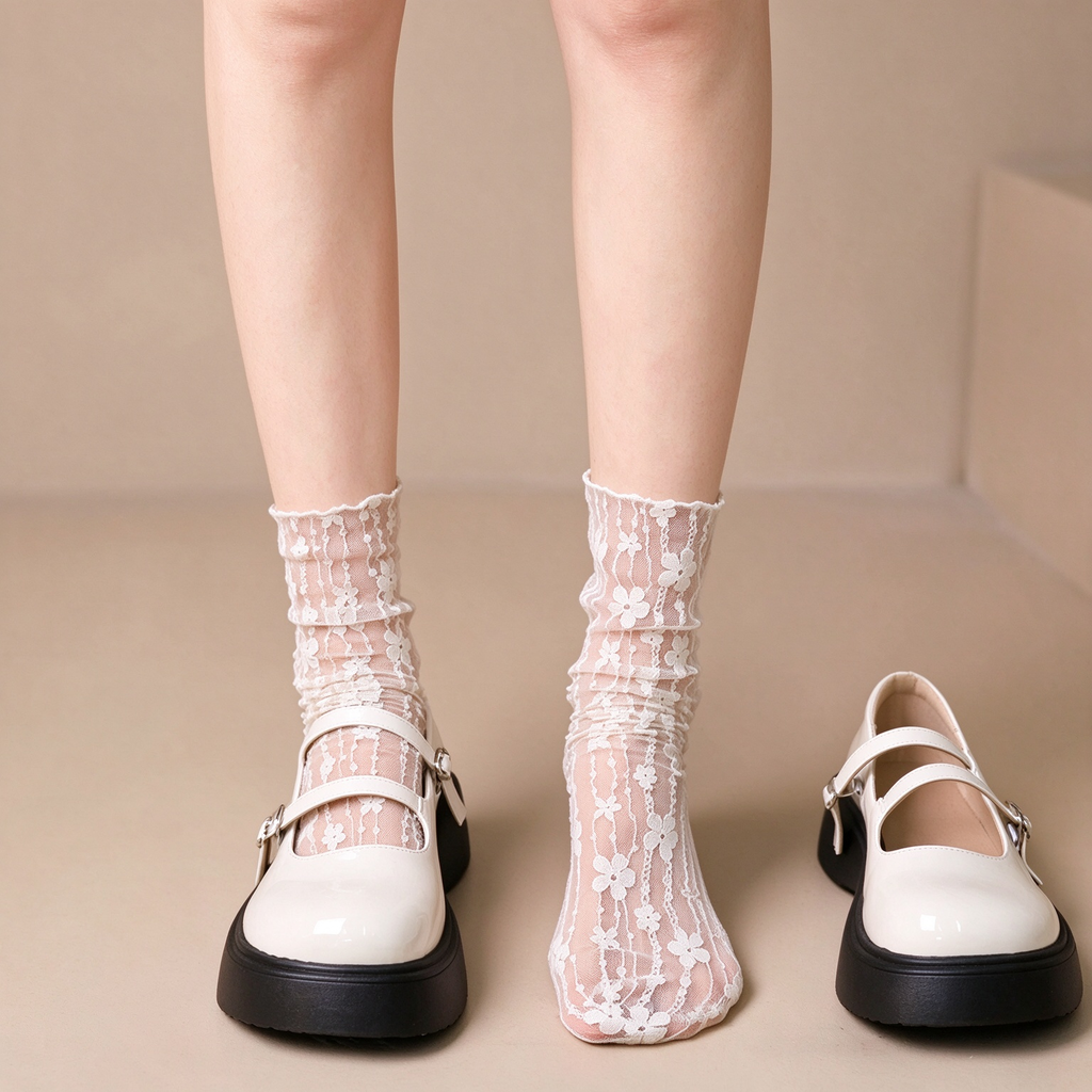 White Floral Patterned Sheer Lace Calf High Sweet Lolita Socks