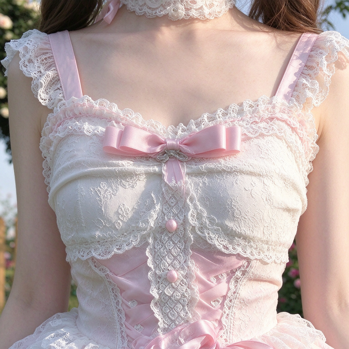 Sweet Lolita JSK Dress with Lace Overlay Peplum and Ribbon Lace-Up Bodice
