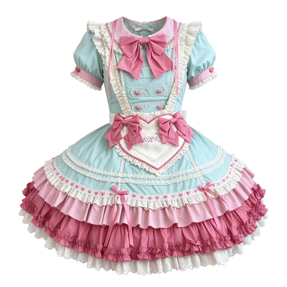 Mint Green and Pink Ruffled Maid Lolita Dress with Apron Bow Accent
