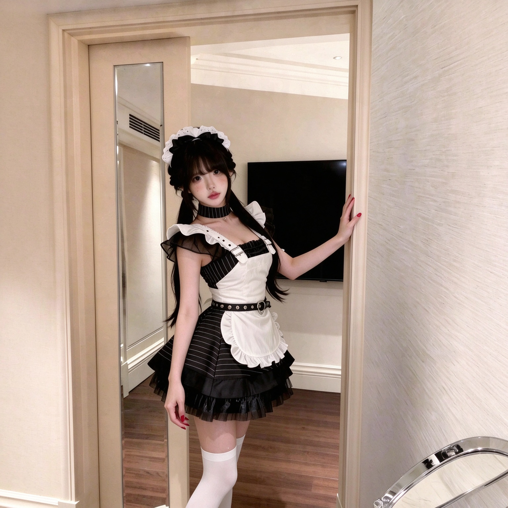 Sweet Maid Lolita Short Sleeve OP Dress Set with High-Waist Heart Buckle Belt and Fitted Waistband