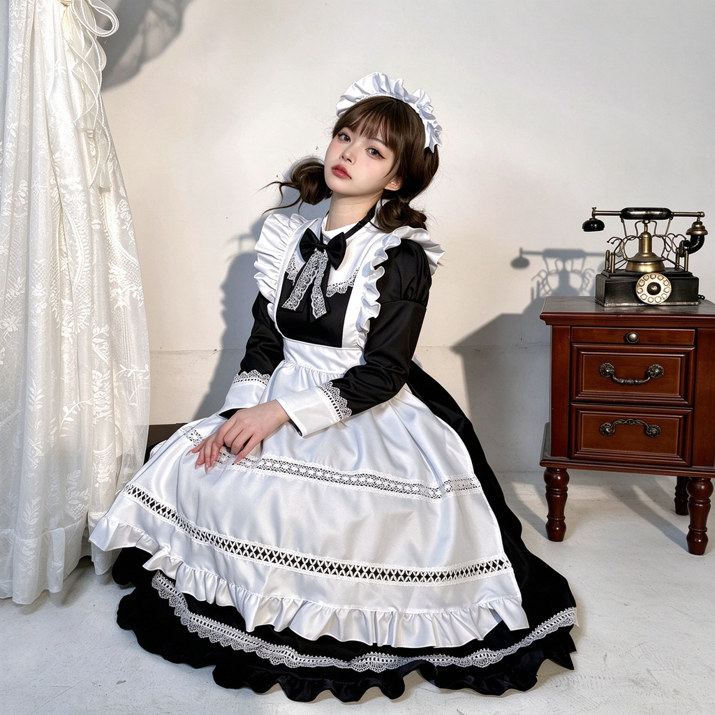Classic Maid Lolita Long Sleeve OP Dress Set with Ruffled Shoulder Strap Apron