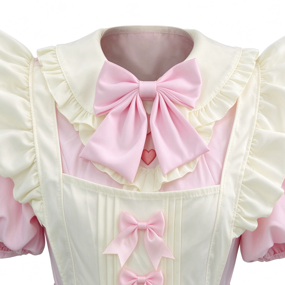 Pink and White Lace Sweet Maid Lolita Dress Set with Heart Bows