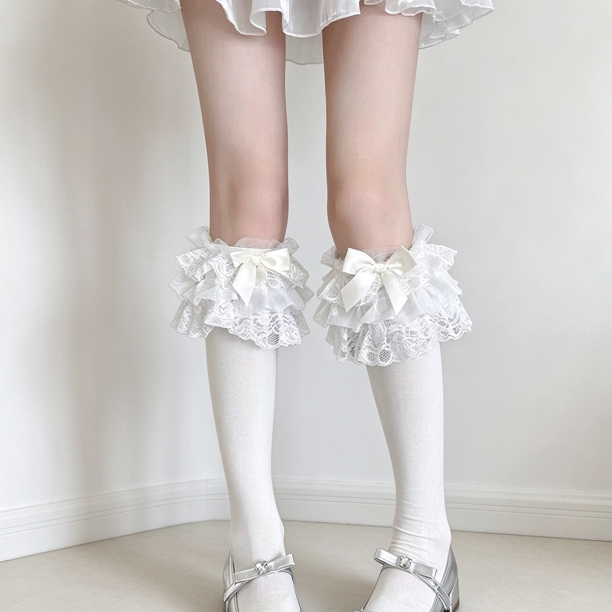 Pink, Light Blue, and White Ruffled Lace Bow Calf High Sweet Lolita Socks