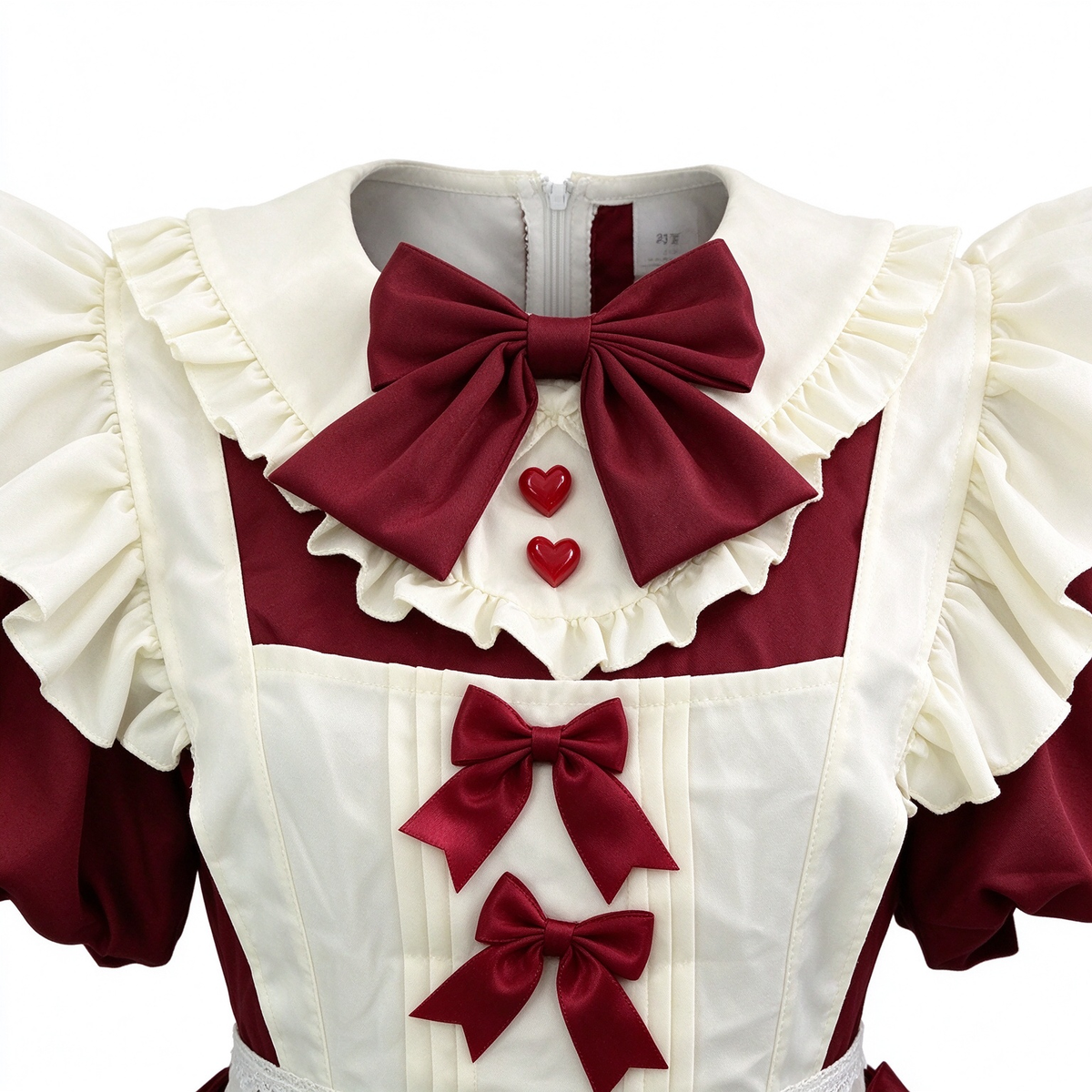 Burgundy and White Lace Gothic Maid Lolita Dress Set with Bell Bows