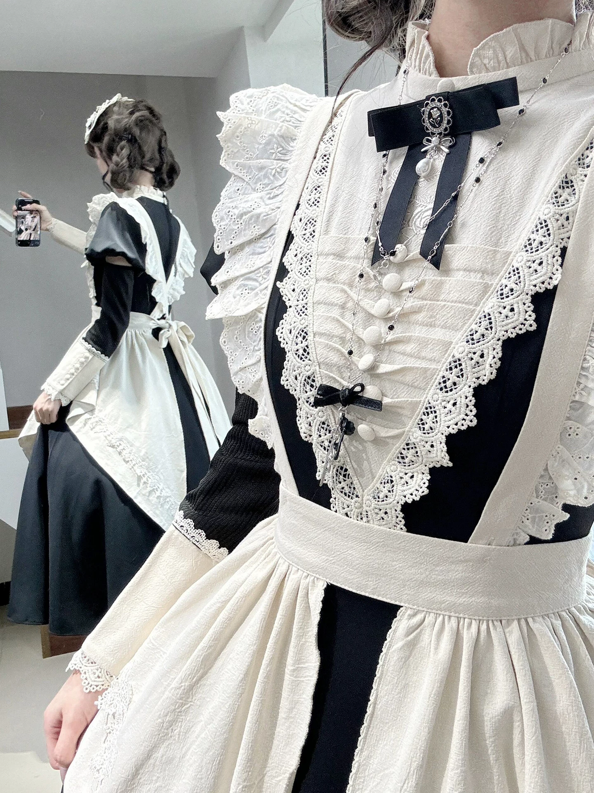 Classic Maid Lolita Short Sleeve Long OP Dress Set with V-Neck Lace Yoke and Pointed Apron