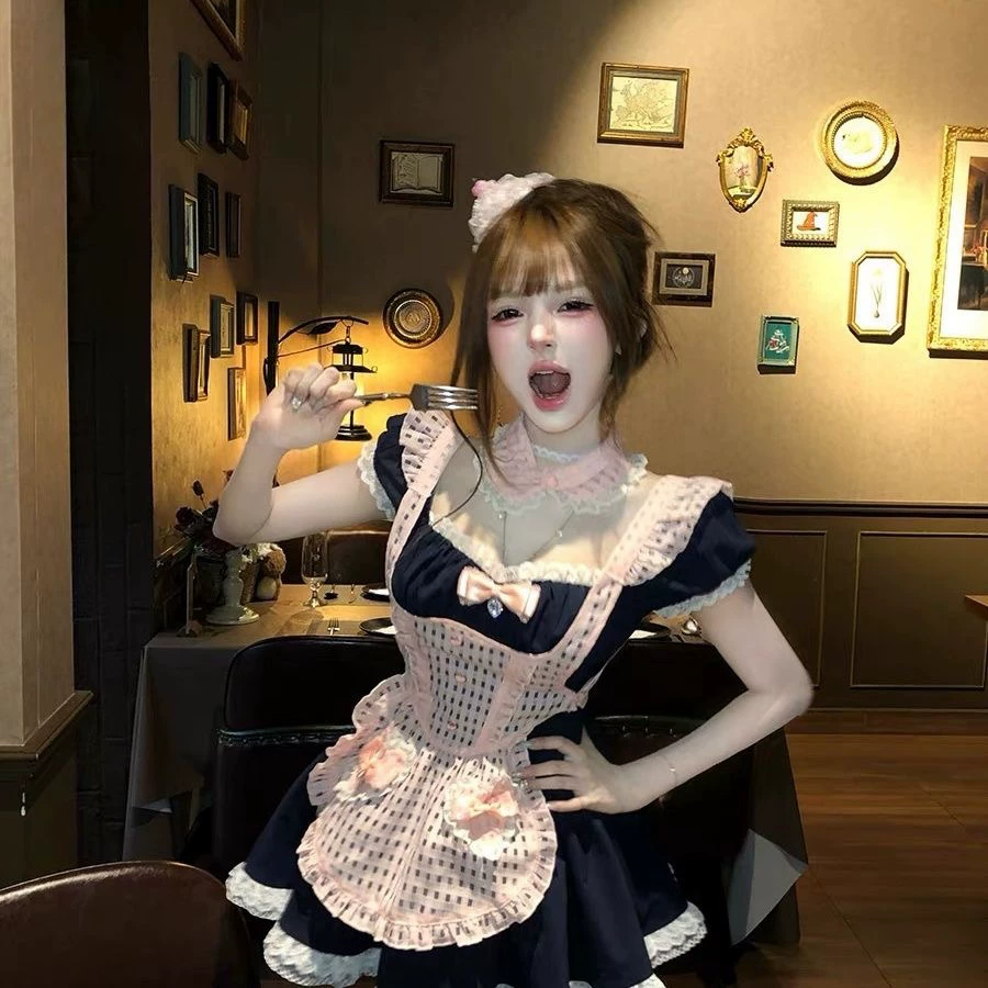Sweet Maid Lolita Short Sleeve OP Dress Set with Gingham Collar and Heart Pocket Apron