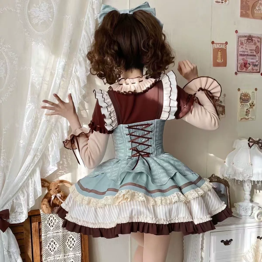 Sweet Lolita JSK Dress with Chocolate Grid Pattern and Heart Badge Waist Bow
