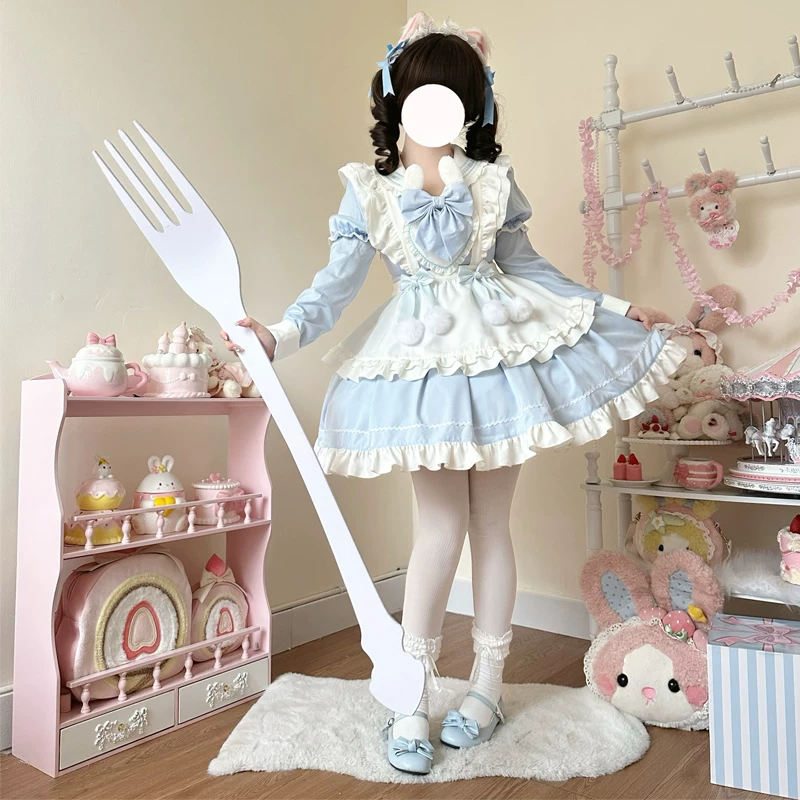Sweet Maid Lolita OP Dress Set with Detachable Sleeves and Plush Pom-Pom Ribbon Apron