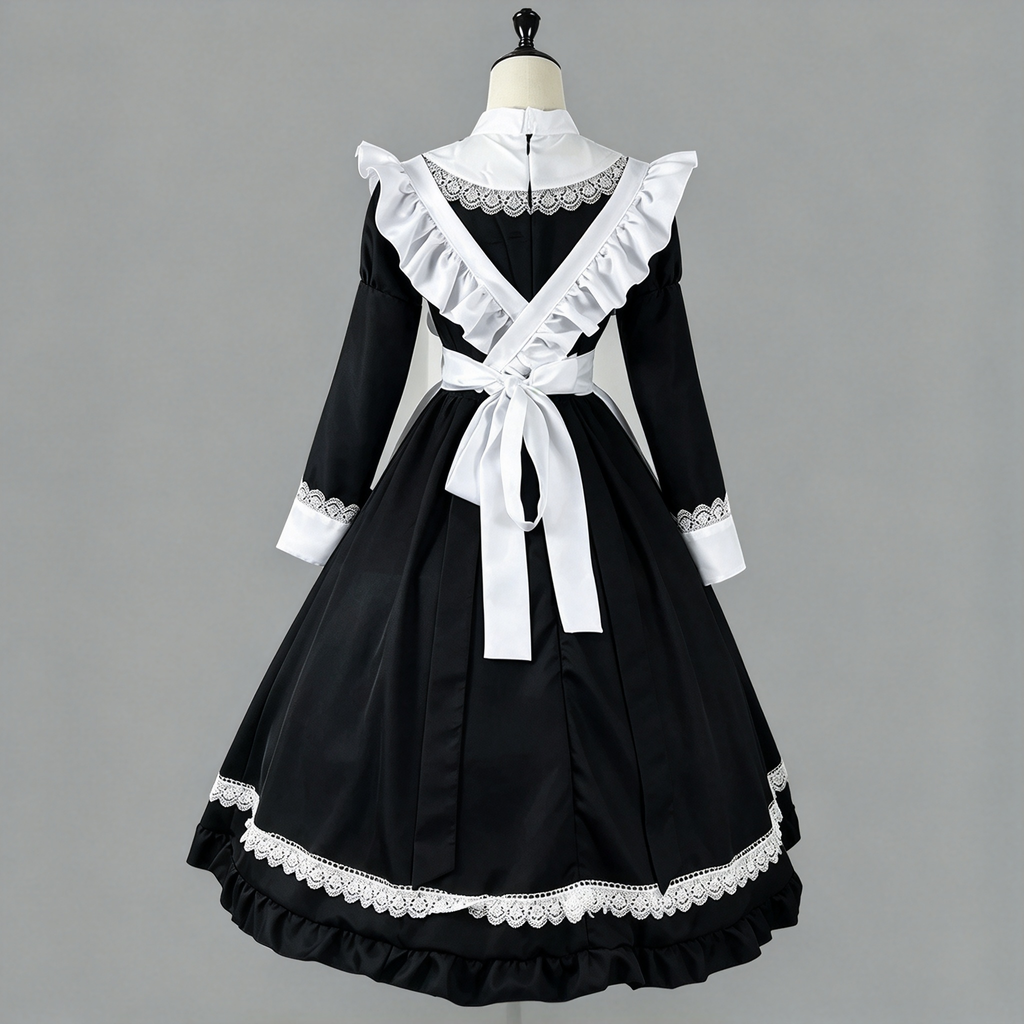 Classic Long Maid Lolita Long Sleeve OP Dress Set with Embroidered Bow and Tiered Lace Apron