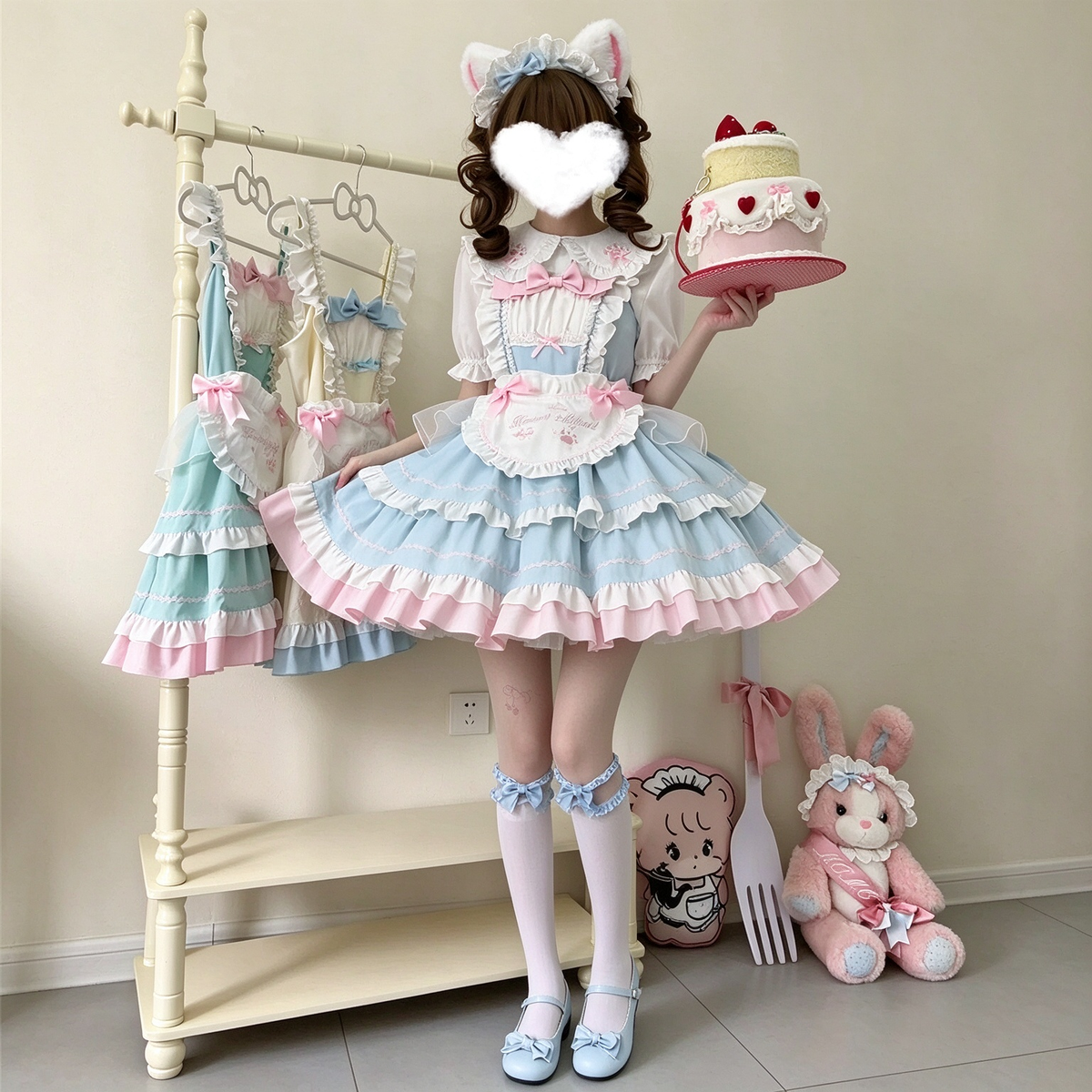 Pink and Blue Ruffled Maid Lolita Dress with Heart Apron Bow Accent