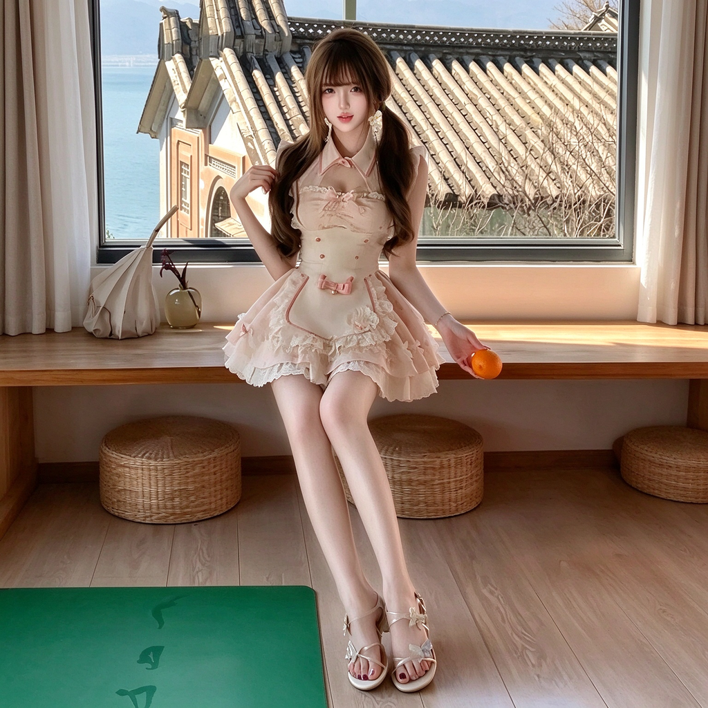 Sweet Maid Lolita Sleeveless Dress Set with Keyhole Collar and Bell Bow Apron