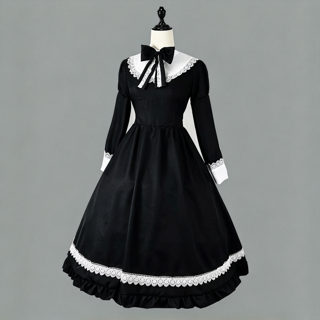 Classic Long Maid Lolita Long Sleeve OP Dress Set with Embroidered Bow and Tiered Lace Apron